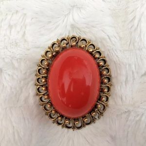 Vintage Costume Oval Coral Bead Pendant Brooch